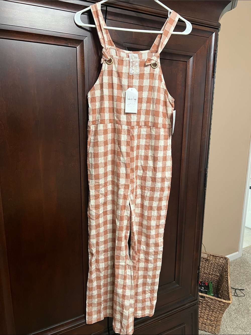 Sadie & Sage Rust and Cream Gingham Overalls Jumpsuit